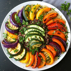 A top-down shot of a quinoa salad with roasted vegetables, arranged in a circular pattern on a white platter, highlighting the vibrant colors and textures of the dish.