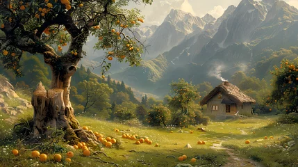 Fotobehang Bucolic Landscape with Orange Tree and Thatched Cottage, Generative AI © Crowcat