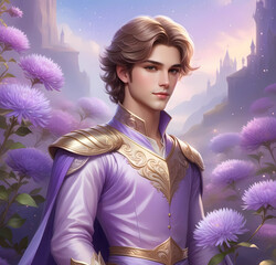 Fairy tale prince. Handsome young man, European appearance. Waist portrait surrounded by lilac flowers. Half-turned. Fantasy style. 