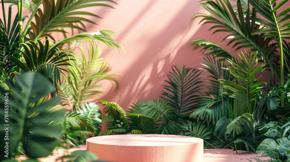 Fototapete three-dimensional rendering of a tropical summer scene with a podium for displaying products...