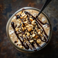 A top-down shot of a thick and indulgent peanut butter milkshake topped with chopped peanuts and chocolate syrup, served in a mason jar with a spoon for scooping.