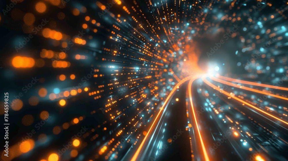 Poster The rendering shows warp speed in a hyper loop with blurry light from the lights of buildings in a mega city at night. Concept of next generation technology, fintech, big data, 5g fast networks,