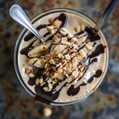 A top-down shot of a thick and indulgent peanut butter milkshake topped with chopped peanuts and chocolate syrup, served in a mason jar with a spoon for scooping.