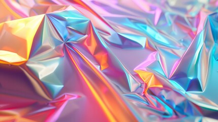 The background of this 3D rendering is a geometric crystal background with iridescent holographic texture, curves and cloth.