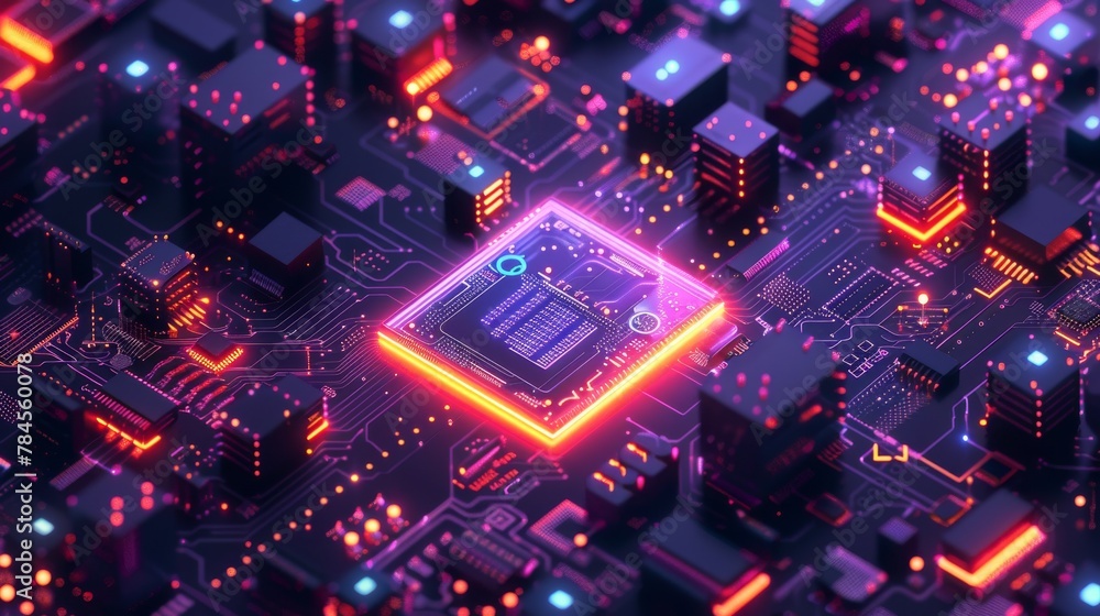 Fototapete An image of a quantum computer, a large data processing database, a CPU isometric banner. The central computer processor (CPU) in a digital chip.......