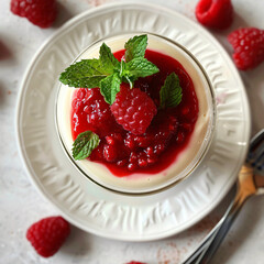 A top-down view of a creamy panna cotta dessert topped with a vibrant raspberry coulis and fresh mint leaves, served in a glass ramekin on a white plate.