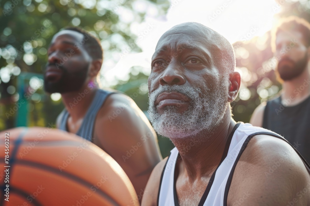 Poster Middle aged men playing basketball in the park