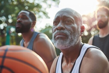 Middle aged men playing basketball in the park