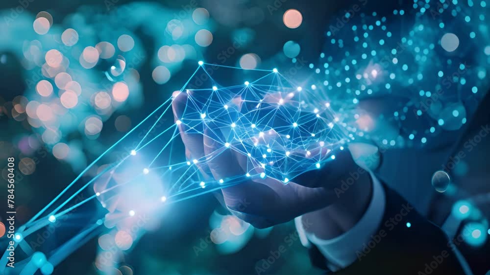 Poster businessman holding global network connection. big data analytics and business intelligence. world m