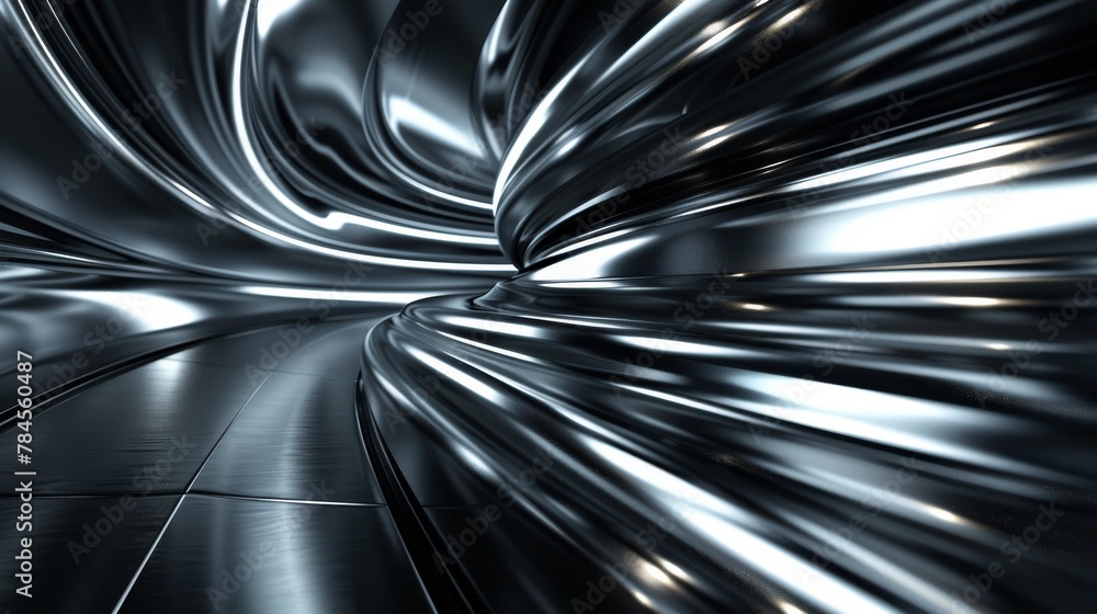 Poster The rendering features a dark background with chrome lines on an empty space and futuristic steel shapes.