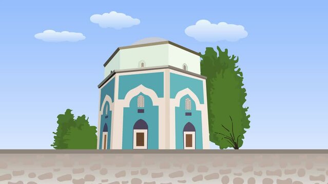 Bursa Green Tomb (Yesil Turbe) animation. Green shrine behind trees and with blue cloudy sky
