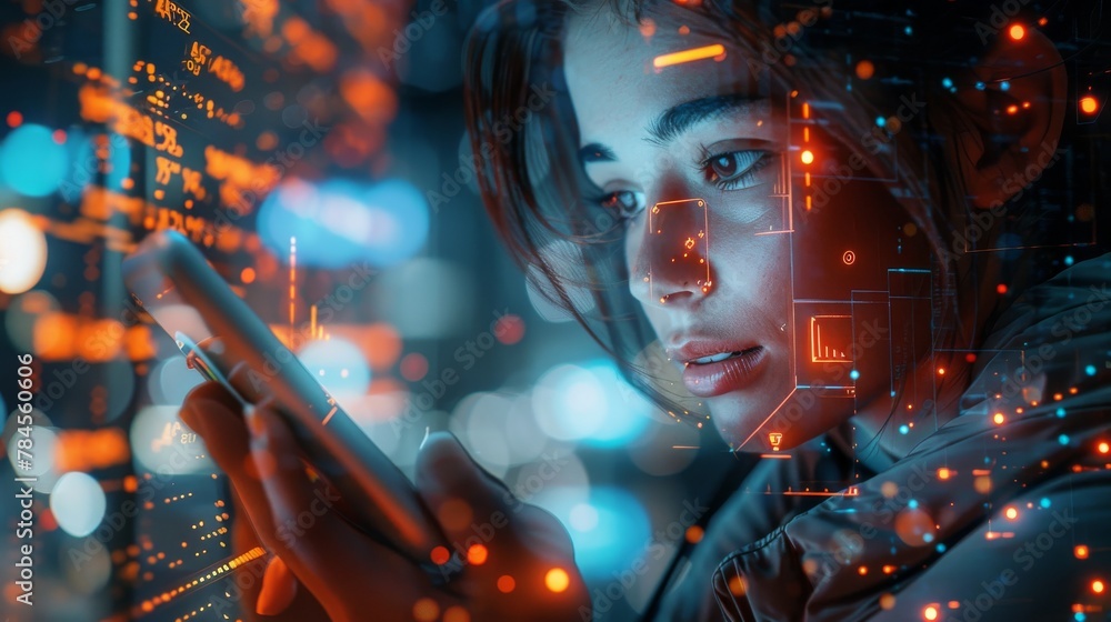 Aufkleber Using a digital tactile phone, businesswoman has created a 3D rendering of information to share with the world