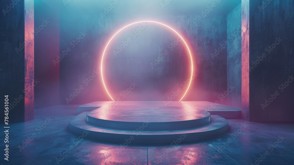 Fototapete a blank product stand surrounded by an abstract background with glowing lights. futuristic technolog