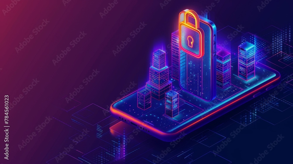 Poster smart phone connection with an intelligent city. the icon lock on the screen represents mobile secur