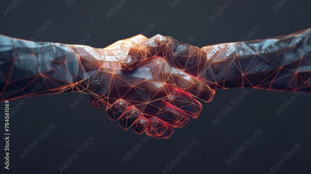 Aufkleber Teamwork concept. Polygonal handshake on a dark background. 3D rendering