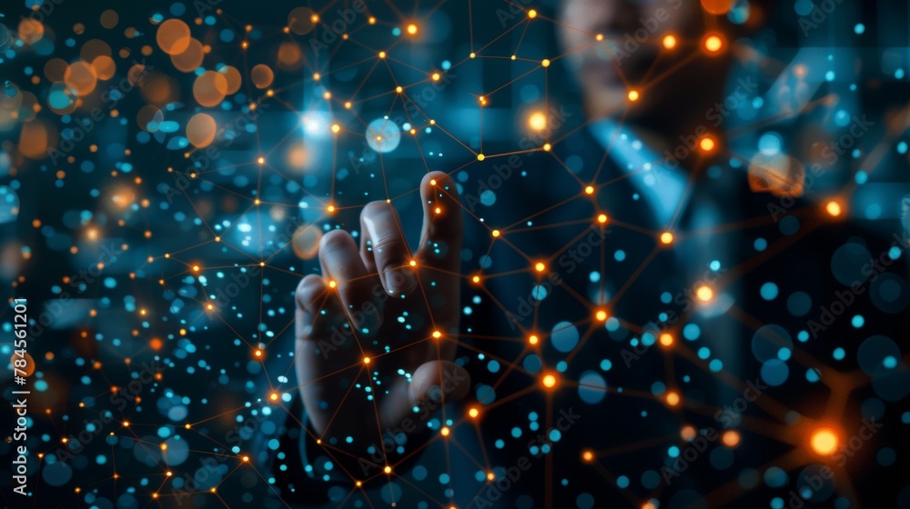 Leinwandbilder Three-dimensional rendering of businessman using flying network interface on blurred background.
