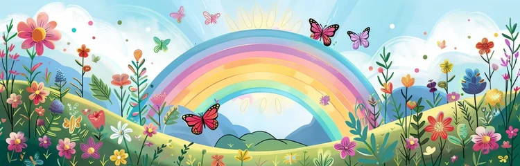 Wanddecoratie Regenboog banner bright and serene landscape with rainbows, flowers and butterflies  © Kate Mova