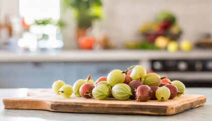 A selection of fresh fruit: gooseberries, sitting on a chopping board against blurred kitchen background; copy space
