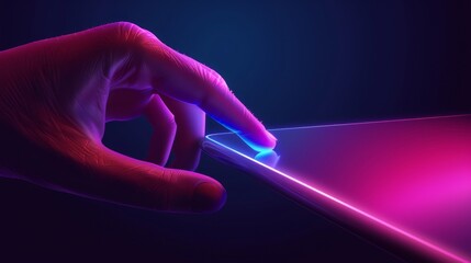 A beautiful hand taps the touchscreen with its index finger. Note that the buttons on the touchscreen are highlighted when tapped with your finger. - obrazy, fototapety, plakaty