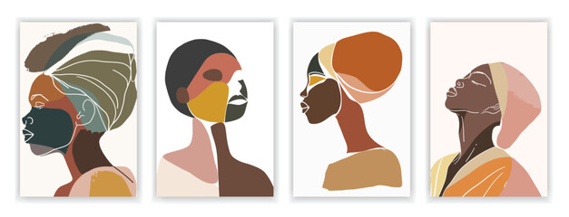 Fototapeta na wymiar Set of 4 Portrait of African Woman, Simple Shapes and Boho Colors in Flat Illustration