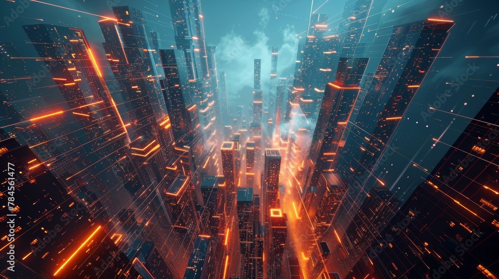 Aufkleber future skyscrapers. the flow of digital data. city of the future. 3d illustration. 3d rendering.