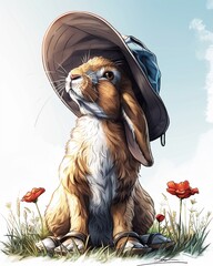 A rabbit in a breezy sunhat and sandals, sunbathing in a meadow, captured in soft, pastel vector hues