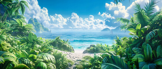 Serene Beach View with Palm Trees and Clear Blue Waters, Tranquil Caribbean Paradise, Perfect Sunny Day