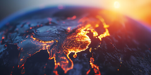 Planet Earth burning under the extreme heat of the sun, conceptual illustration of global warming, temperature increase disaster in Asia, over heating of the world in climate change - 784561495