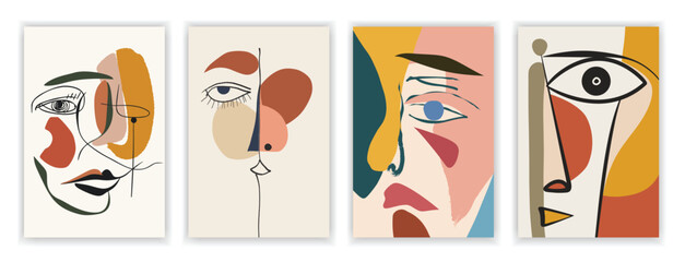 Collection of Abstract Decorative Painting Posters with Human Faces and Colorful Geometric Shapes