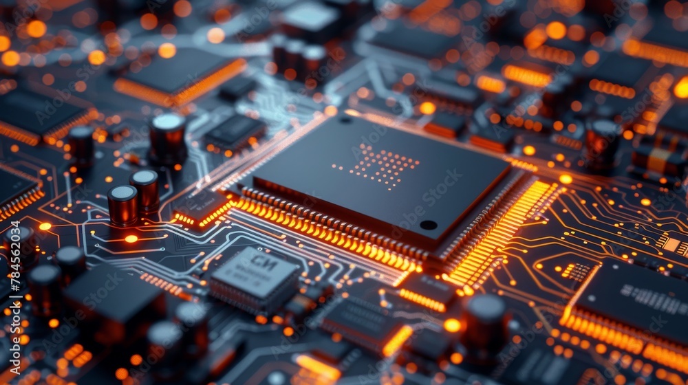 Aufkleber Detailed 3D rendering of a computer processor chip on a circuit board with other microchips and components