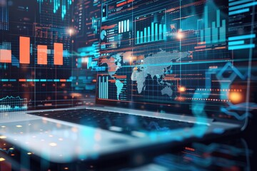 laptop with a graphical overlay of various business intelligence (BI) dashboards