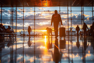 Traveler with luggage at airport terminal at sunset