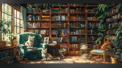 Craft a cozy scene of a pet-friendly bookstore