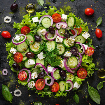 A vibrant top-down shot of a Greek salad arranged in a circular pattern, featuring fresh lettuce, tomatoes, cucumbers, red onions, olives, and feta cheese, drizzled with olive oil and sprinkled with o