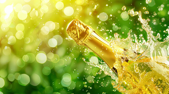 Celebratory champagne explosion with sparkling bokeh background
