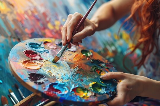 Artist. Hands with Artist's palette. Selective focus. Colorful artist brushes and paint. Artist draws on the canvas. She creates colorful, emotional, sensual oil painting. Painter creating modern art