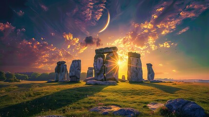 Mystical sunset at ancient stone circle with crescent moon - obrazy, fototapety, plakaty