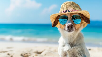 A dog wearing a hat and sunglasses on the beach. Summer vacation with pets - obrazy, fototapety, plakaty