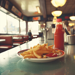 A vintage-style shot of a retro diner counter with a plate of fries and a classic ketchup bottle, emphasizing a nostalgic atmosphere.

