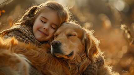 Craft a heartwarming scene of a pet receiving a hug from a child