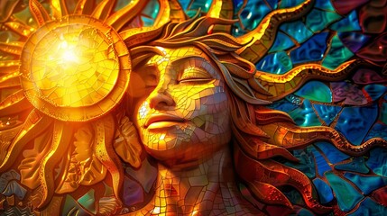 Surreal mosaic art of a woman with a glowing sun