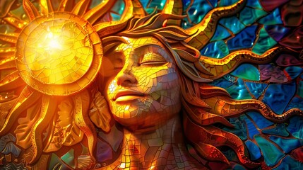 Obraz premium Surreal mosaic art of a woman with a glowing sun