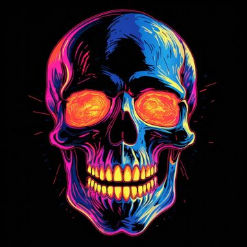 A skull with a blue and purple gradient and yellow and pink eyes.