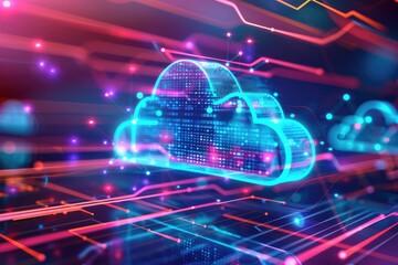 llustration of technology networking and digital communication in business, featuring cloud computing concept with web storage for global data. 