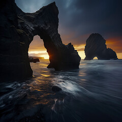 a sunset through a natural rock arch, with vibrant colors and waves against mossy rocks