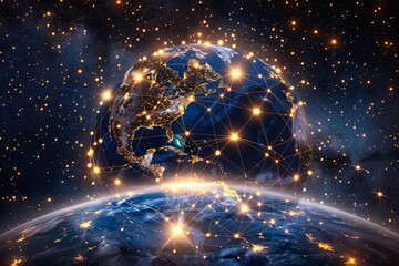 Obraz premium The Earth is shown surrounded by a vast array of stars in the night sky, highlighting the planets insignificance compared to the vast universe