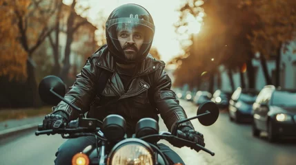 Selbstklebende Fototapeten A man wearing a helmet and riding a motorcycle © Usman