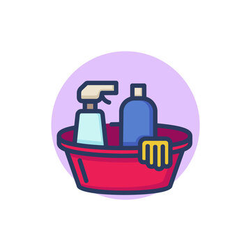 recommend clip art: Detergents line icon. Bottles, spray, basin, gloves outline sign. Cleanup, housekeeping, housewifery concept. Vector illustration for web design and apps