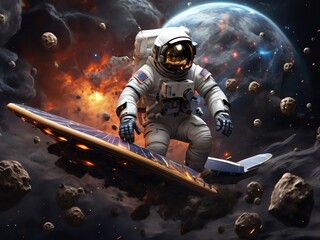 Generative AI. Astronaut Surfing Cosmic Waves T-shirt Design
