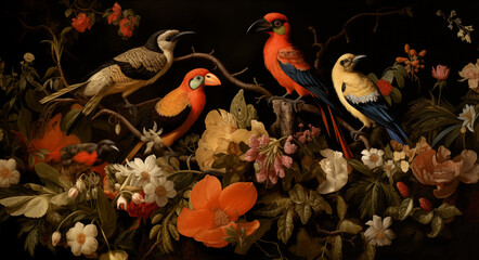 Vibrant floral and bird painting. Captivating depiction of birds perched on branches amidst a background of colorful flowers. The bold use of black in the background, colors of the flowers and birds